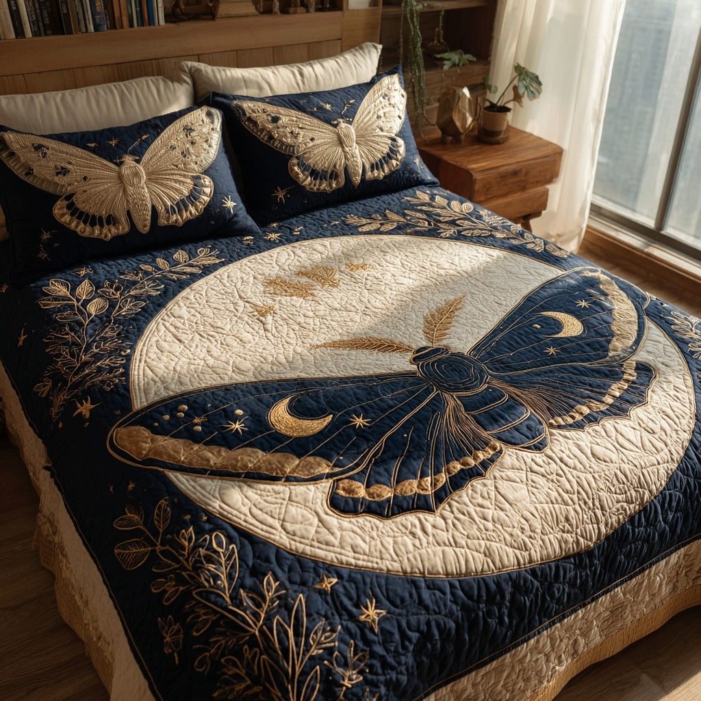 Navy Moth quilted 3-piece bedding set on a made bed in a warmly lit bedroom
