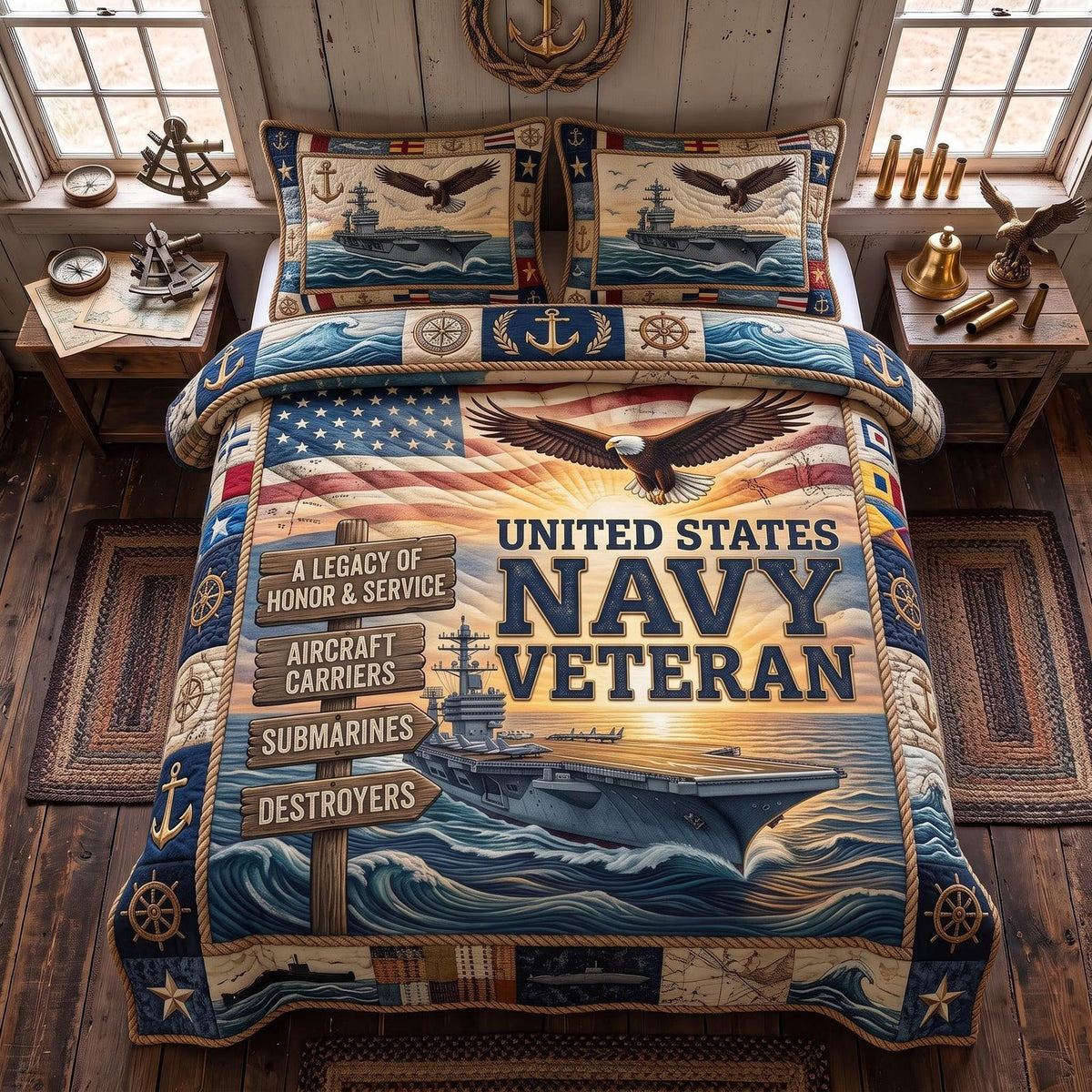 Navy Pride quilted 3-piece bedding set on a made bed in a warmly lit bedroom