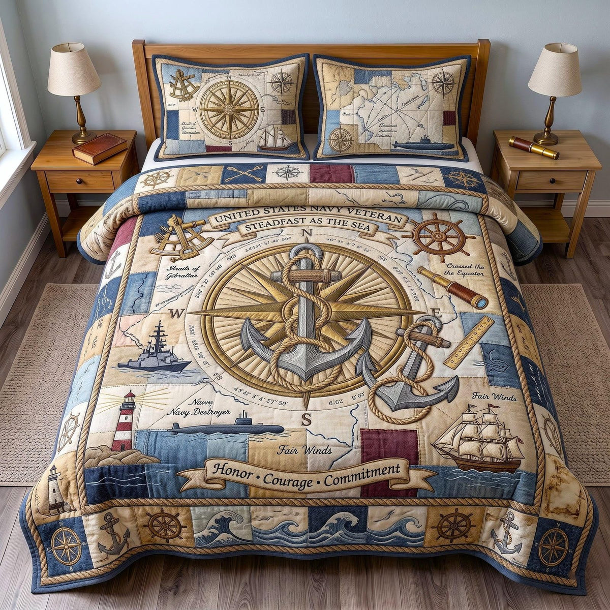 Navy Pride quilted 3-piece bedding set on a made bed in a warmly lit bedroom