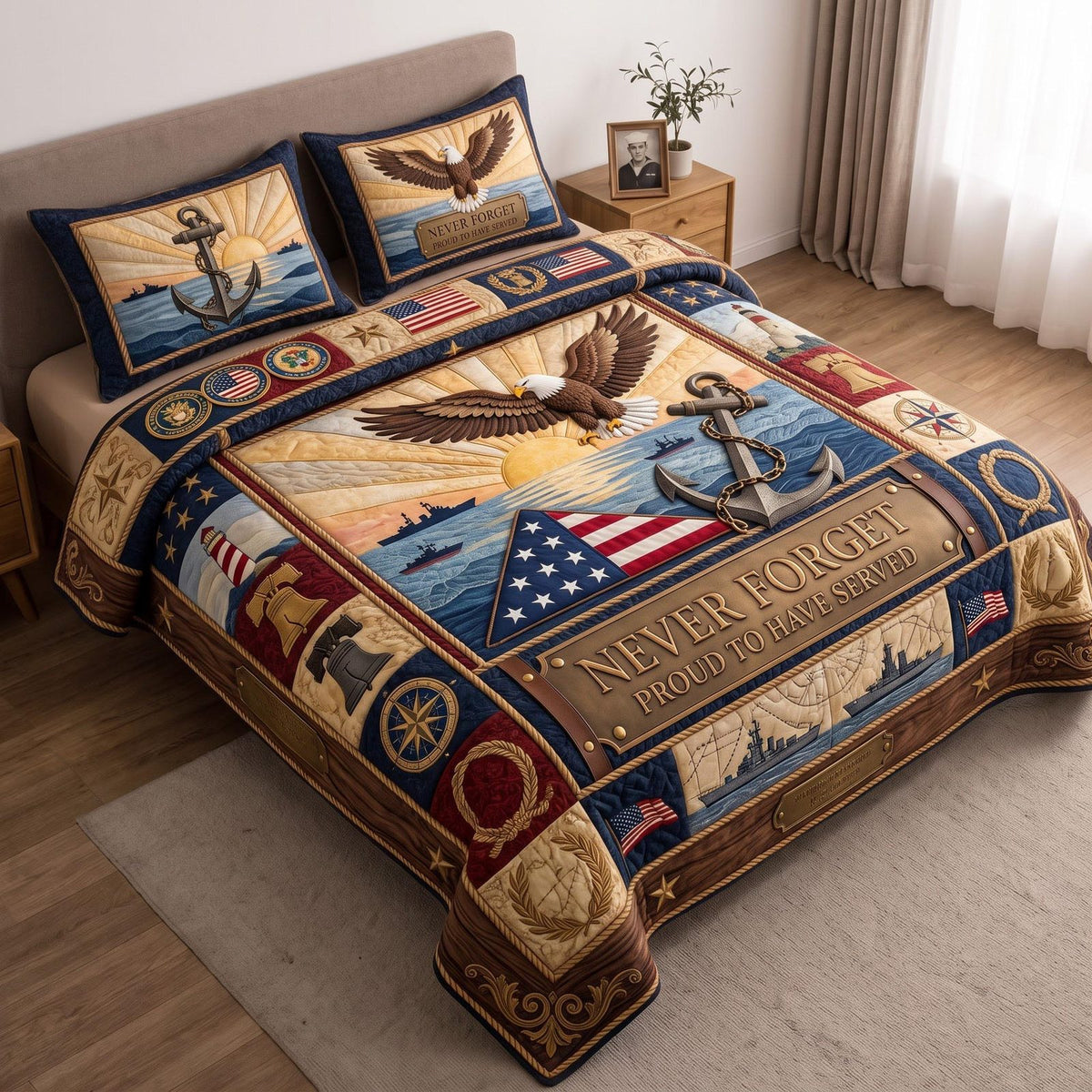 Navy Pride quilted 3-piece bedding set on a made bed in a warmly lit bedroom