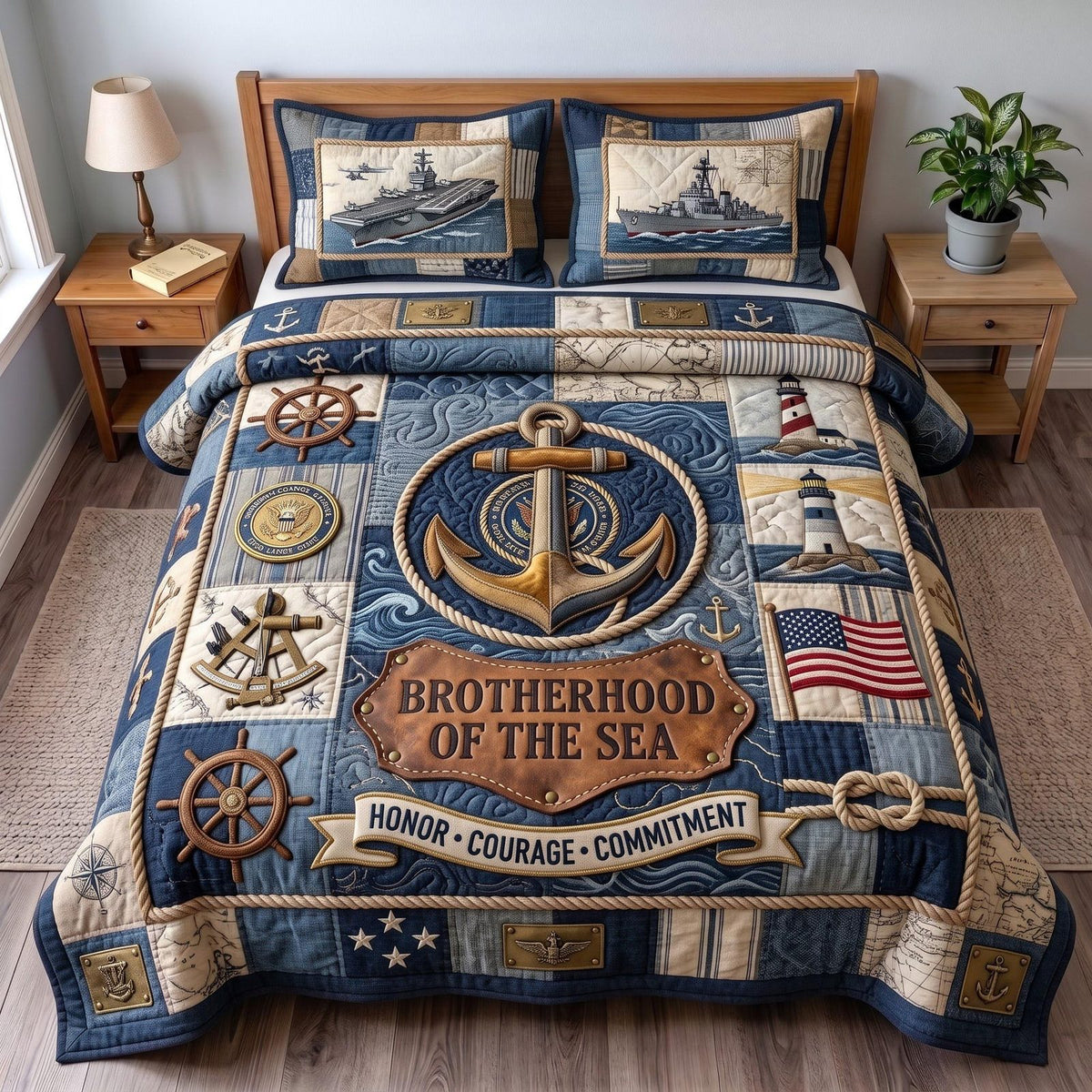 Navy Pride quilted 3-piece bedding set on a made bed in a warmly lit bedroom