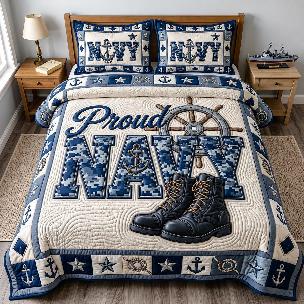 Navy Veteran quilted 3-piece bedding set on a made bed in a warmly lit bedroom