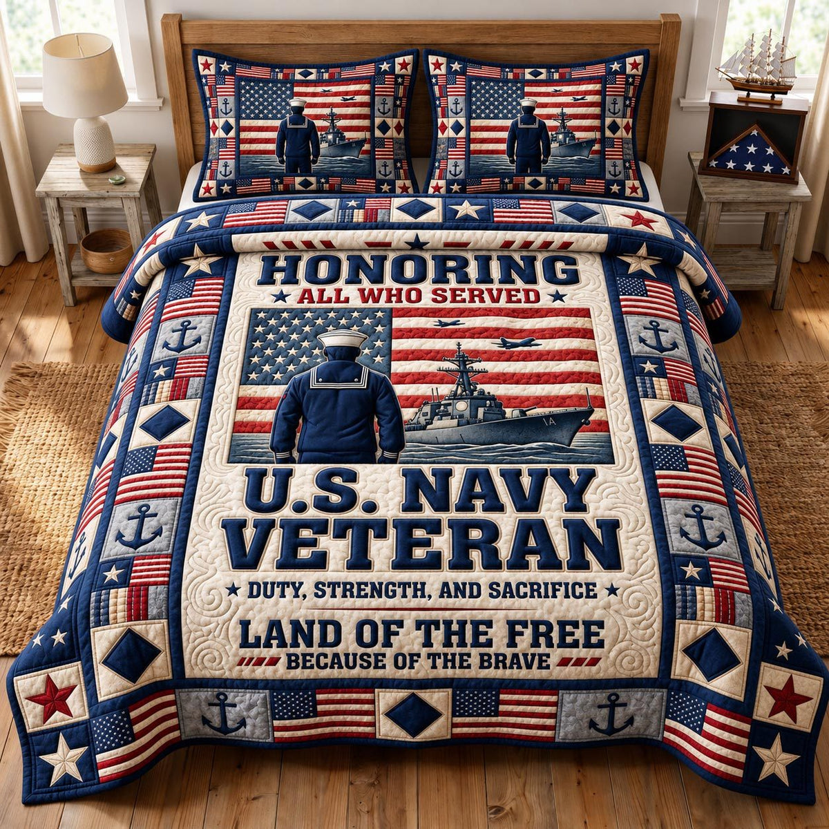 Navy Veteran quilted 3-piece bedding set on a made bed in a warmly lit bedroom
