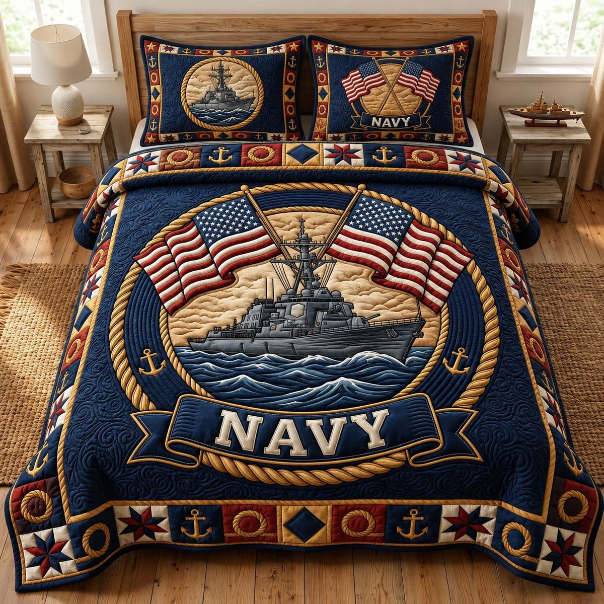 Navy Veteran quilted 3-piece bedding set on a made bed in a warmly lit bedroom