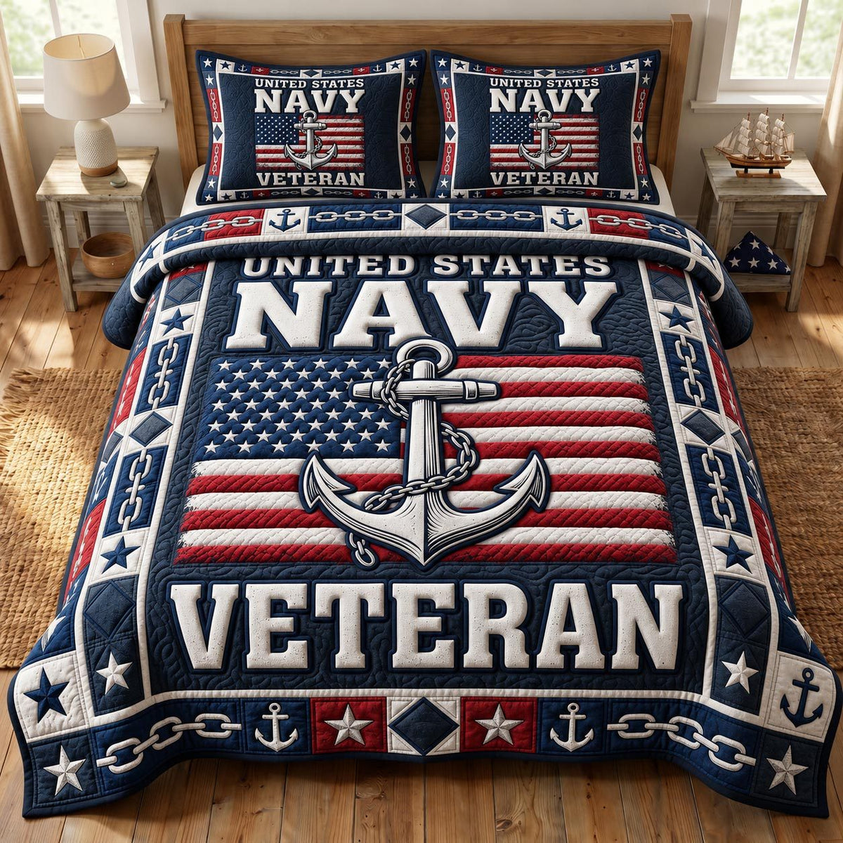 Navy Veteran quilted 3-piece bedding set on a made bed in a warmly lit bedroom