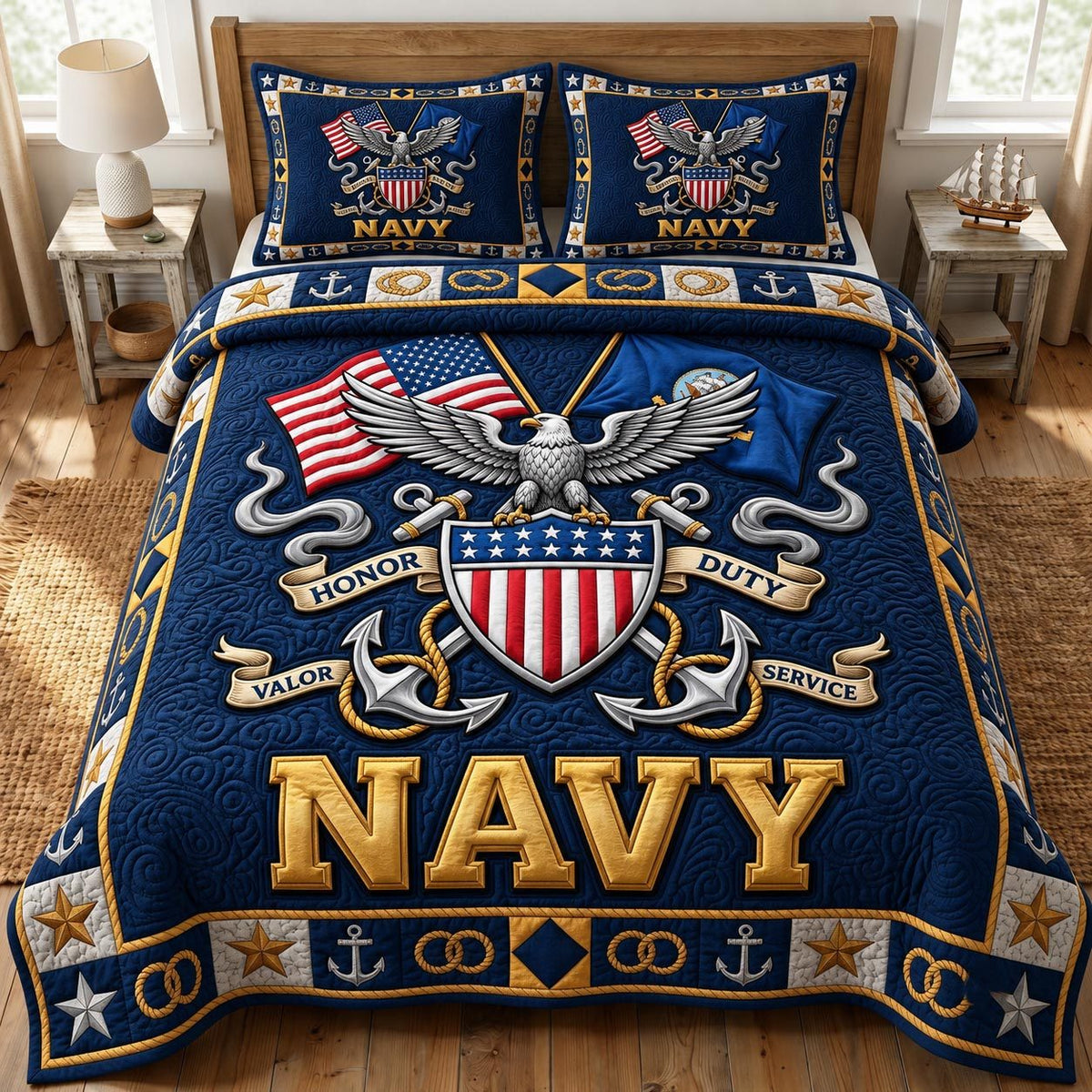 Navy Veteran quilted 3-piece bedding set on a made bed in a warmly lit bedroom