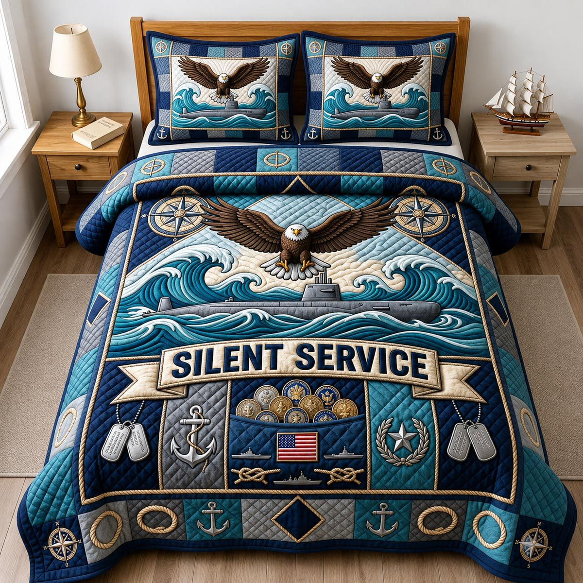 Navy Veteran quilted 3-piece bedding set on a made bed in a warmly lit bedroom
