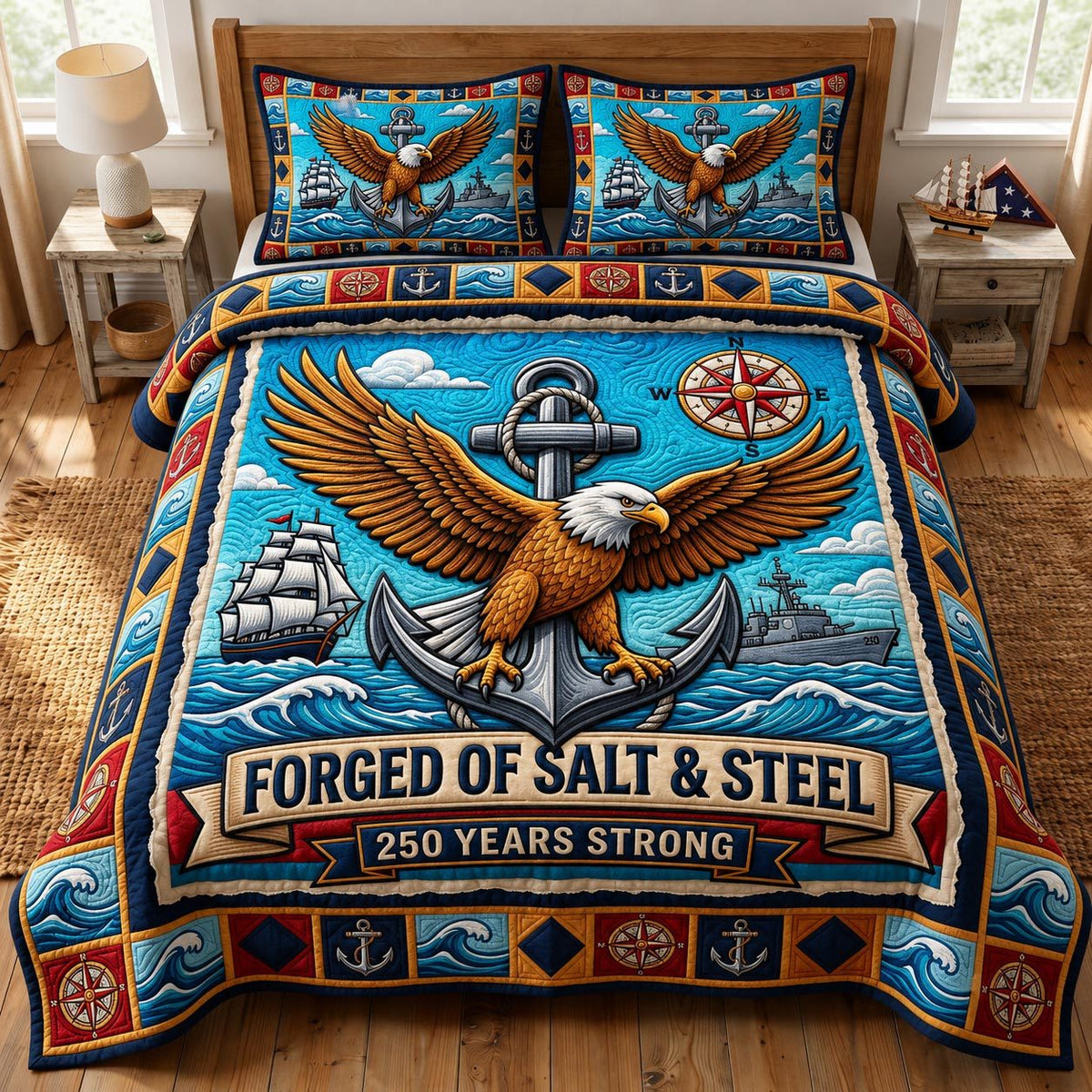 Navy Veteran quilted 3-piece bedding set on a made bed in a warmly lit bedroom