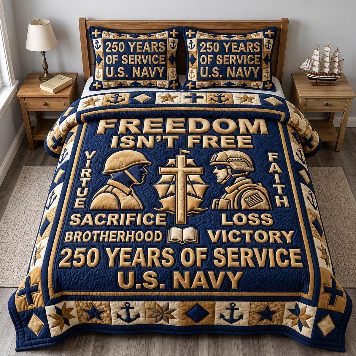Navy Veteran quilted 3-piece bedding set on a made bed in a warmly lit bedroom