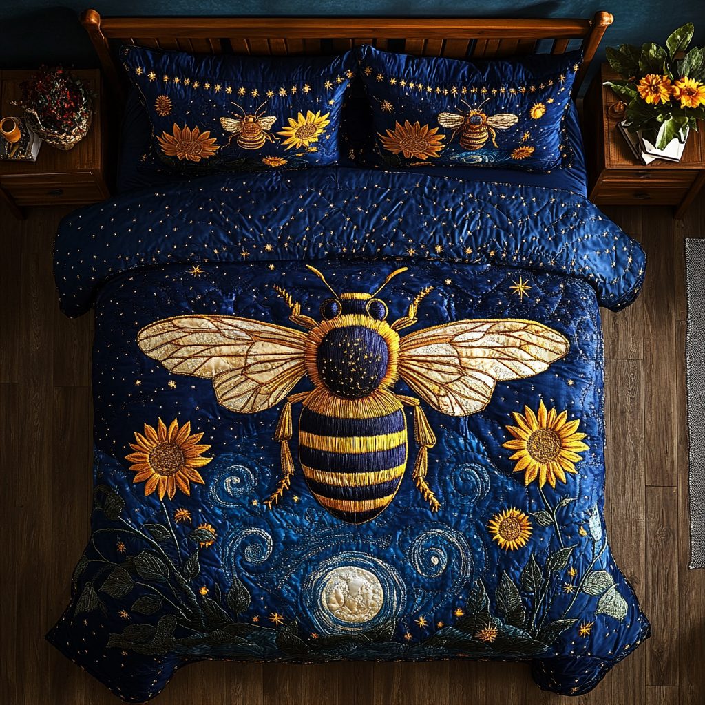 Nectar Seeker quilted 3-piece bedding set on a made bed with two matching pillow shams