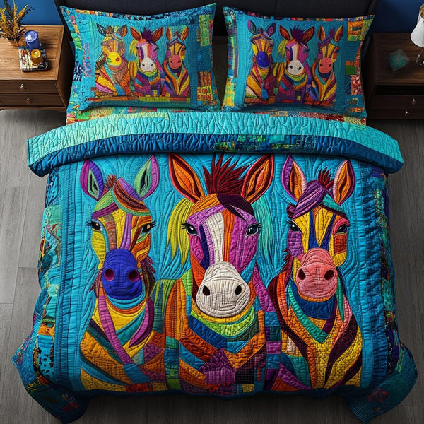 Neon Equestrian quilted 3-piece bedding set on a made bed in a rustic timber bedroom
