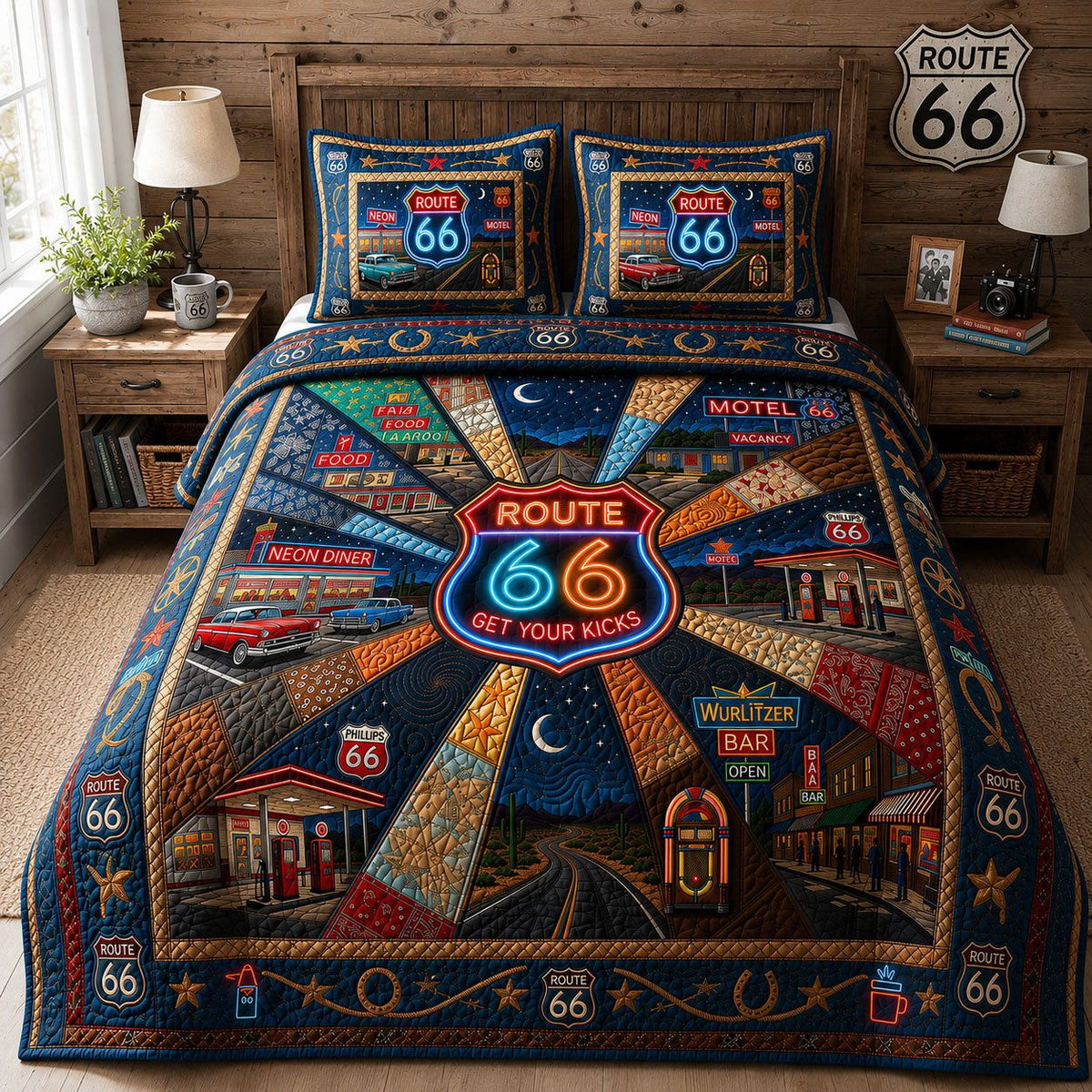 Neon Nights On Route 66 quilted 3-piece bedding set on a made bed with two matching pillow shams
