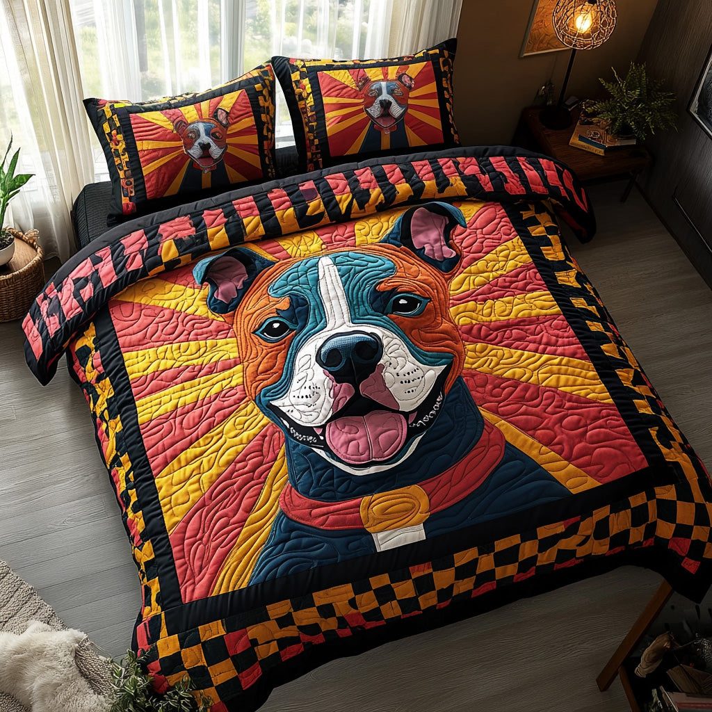 Neon Pup quilted 3-piece bedding set on a made bed with two matching pillow shams