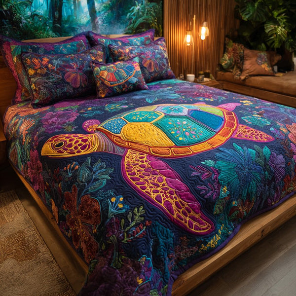 Neon Reef quilted 3-piece bedding set on a made bed in a light coastal bedroom