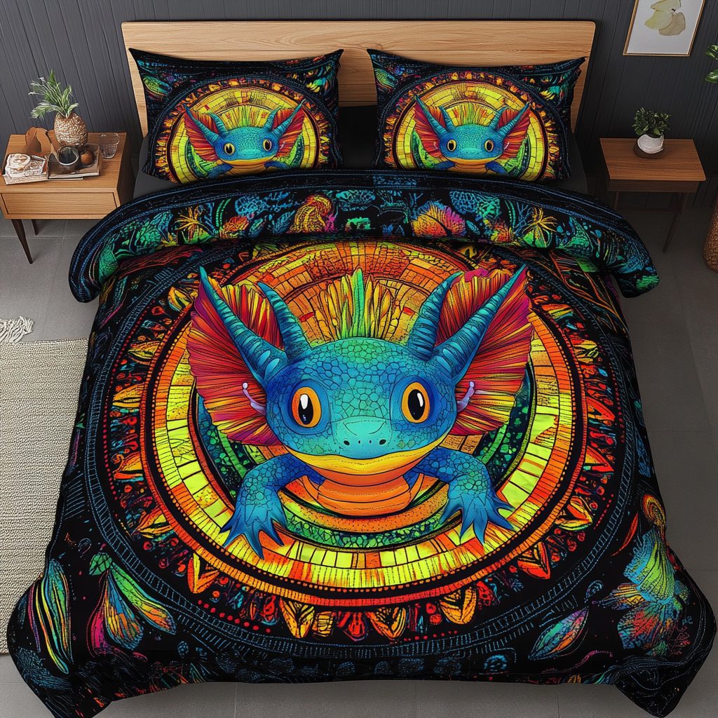 Neon Swimmer quilted 3-piece bedding set on a made bed with two matching pillow shams