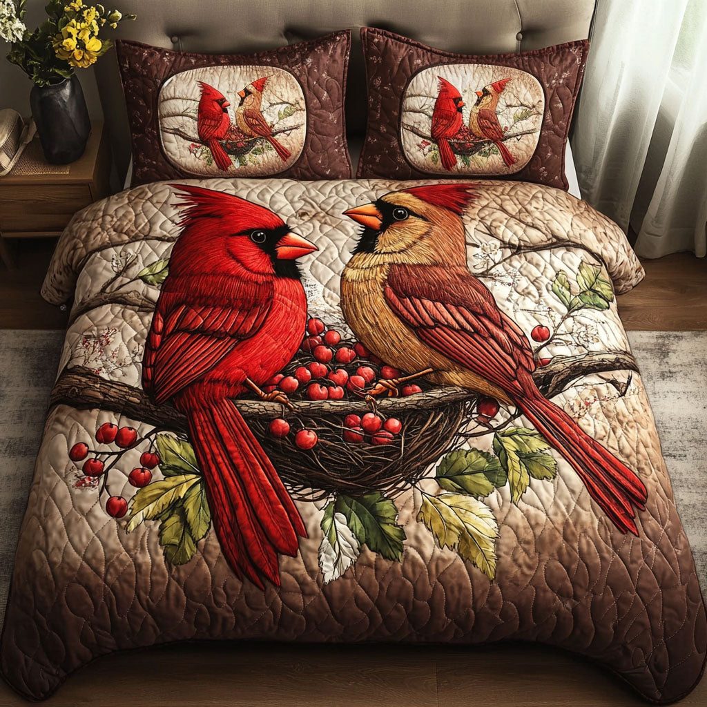 Nestled Love quilted 3-piece bedding set on a made bed with two matching pillow shams