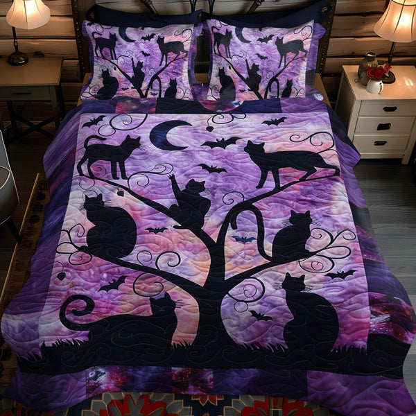 Night Black Cat quilted 3-piece bedding set on a made bed with two matching pillow shams