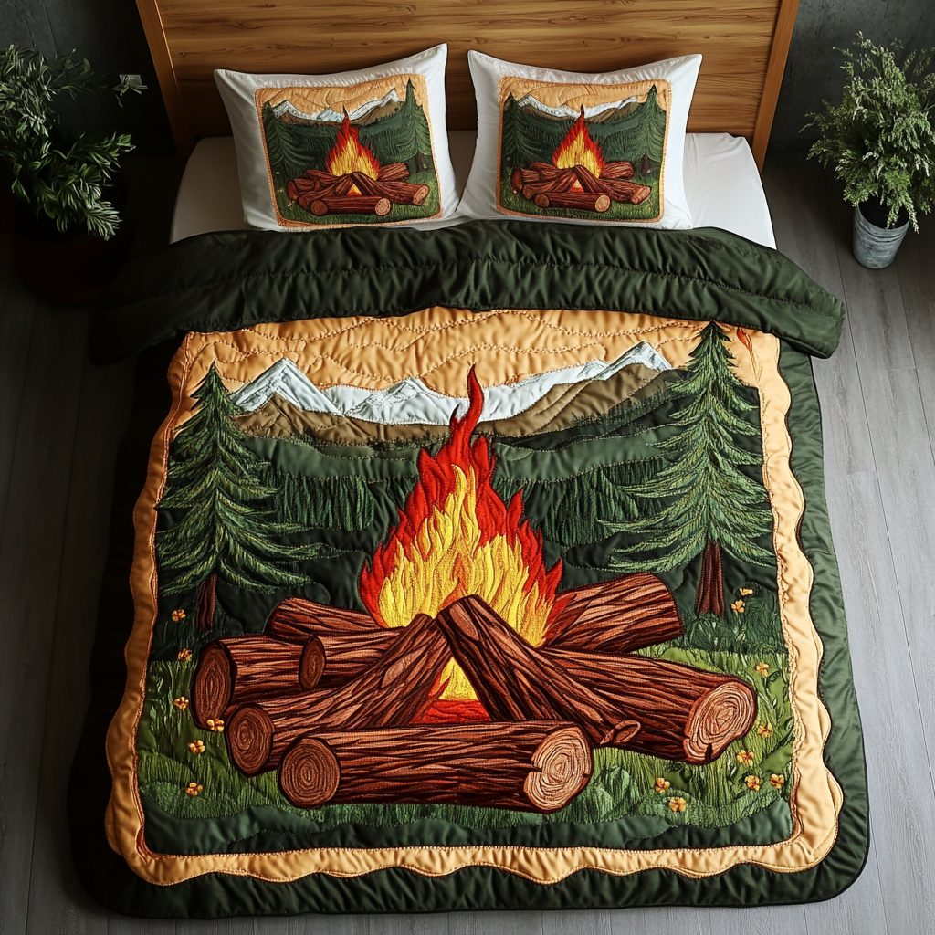 Night Blaze quilted 3-piece bedding set on a made bed with two matching pillow shams