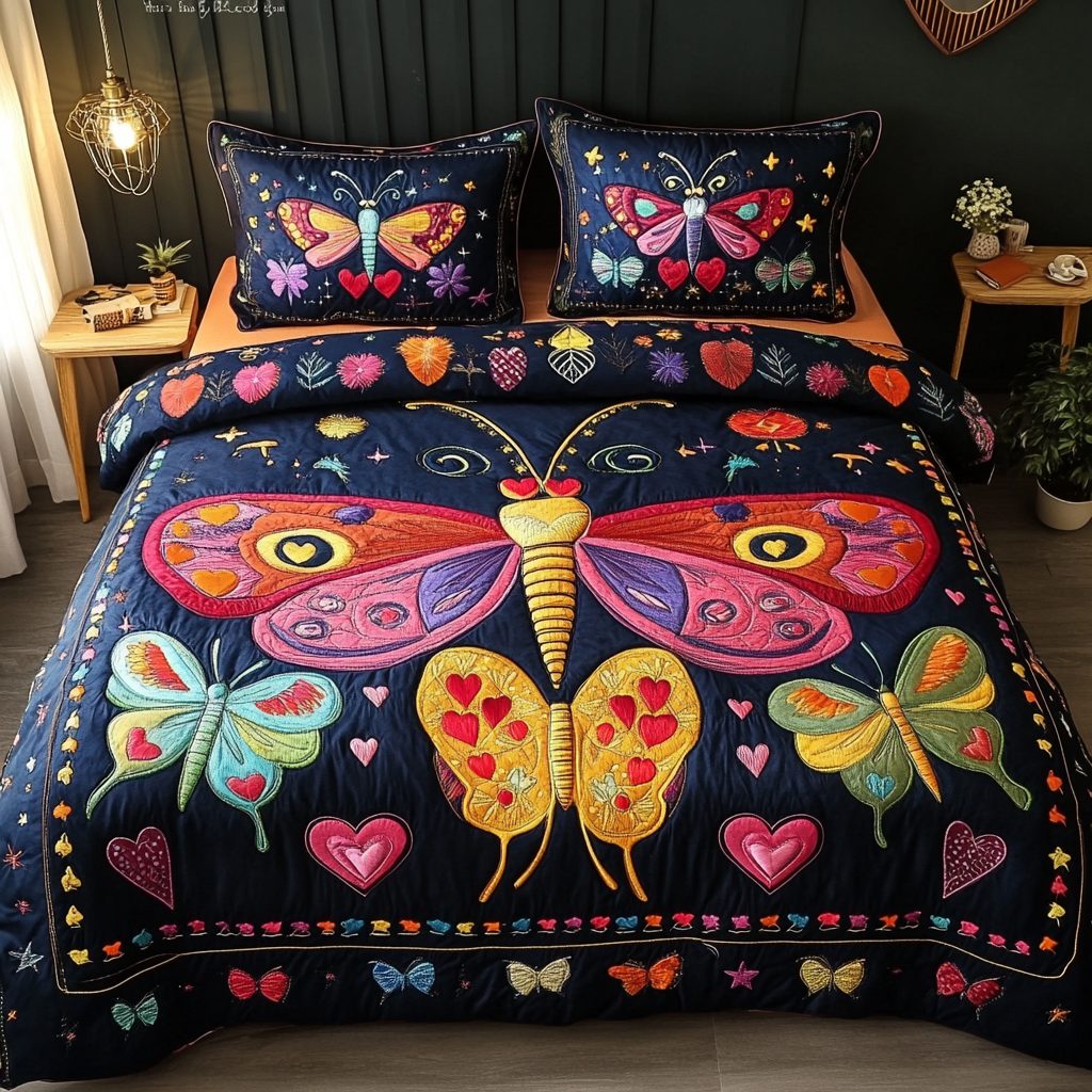 Night Bloom quilted 3-piece bedding set on a made bed with two matching pillow shams