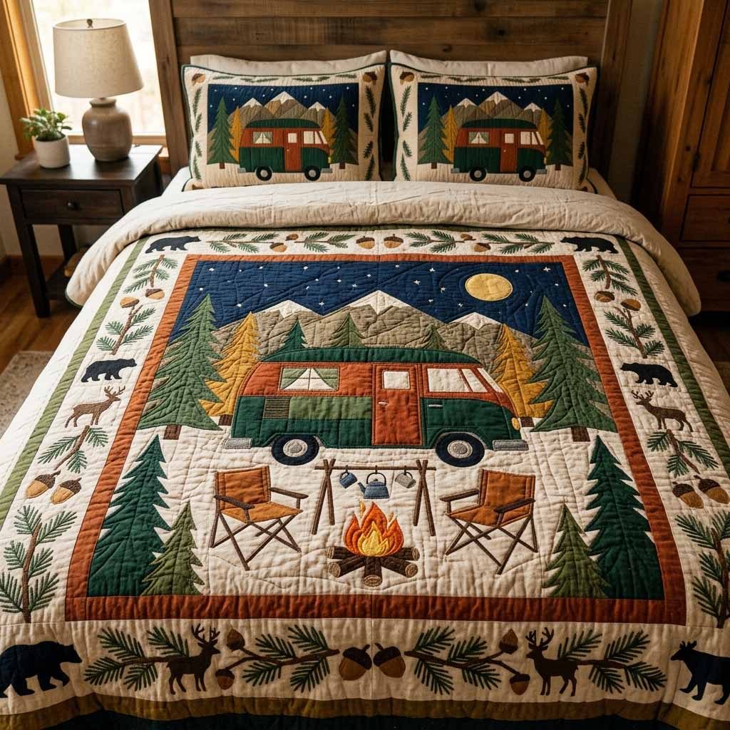Night Camp quilted 3-piece bedding set on a made bed with two matching pillow shams