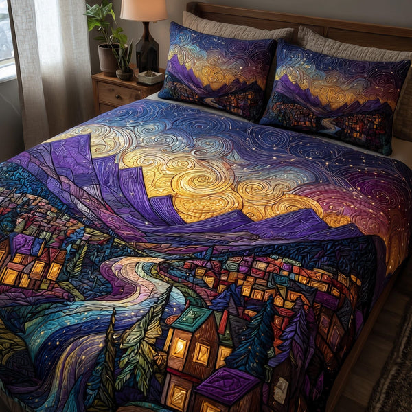 Night Court City of Starlight quilted 3-piece bedding set on a made bed with two matching pillow shams