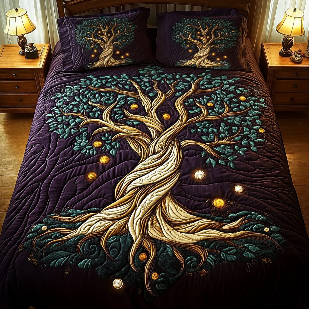 Night Forest quilted 3-piece bedding set on a made bed with two matching pillow shams