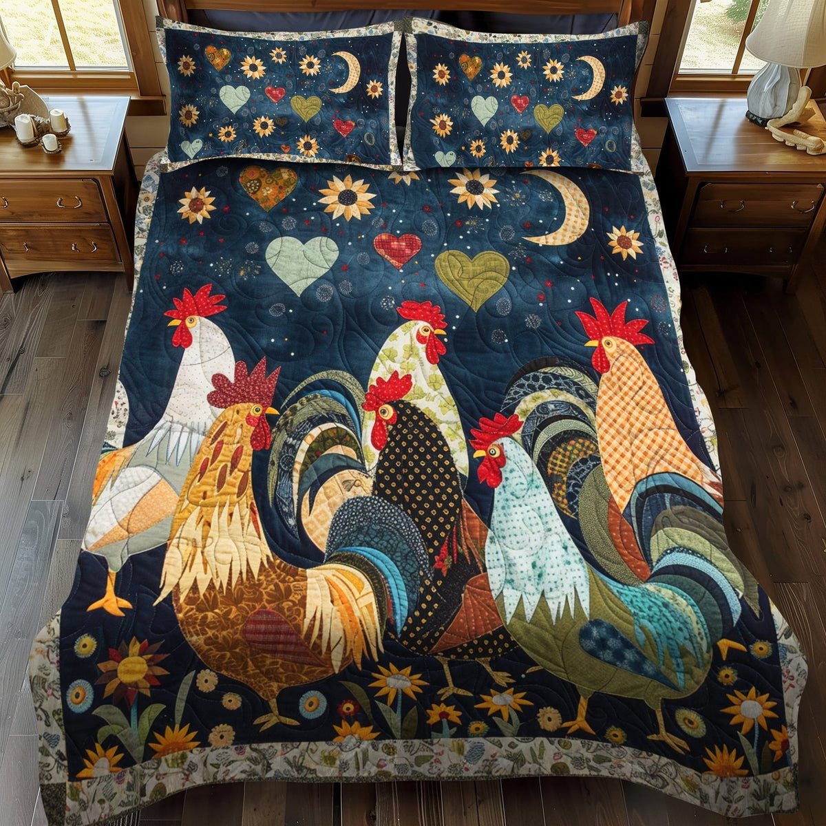 Night Roosters quilted 3-piece bedding set on a made bed with two matching pillow shams