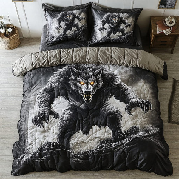Night Werewolf quilted 3-piece bedding set on a made bed with two matching pillow shams