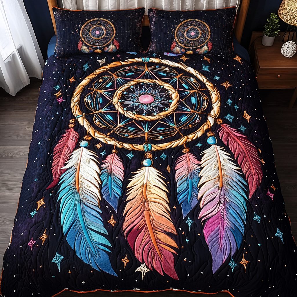 Night Whisper quilted 3-piece bedding set on a made bed with two matching pillow shams