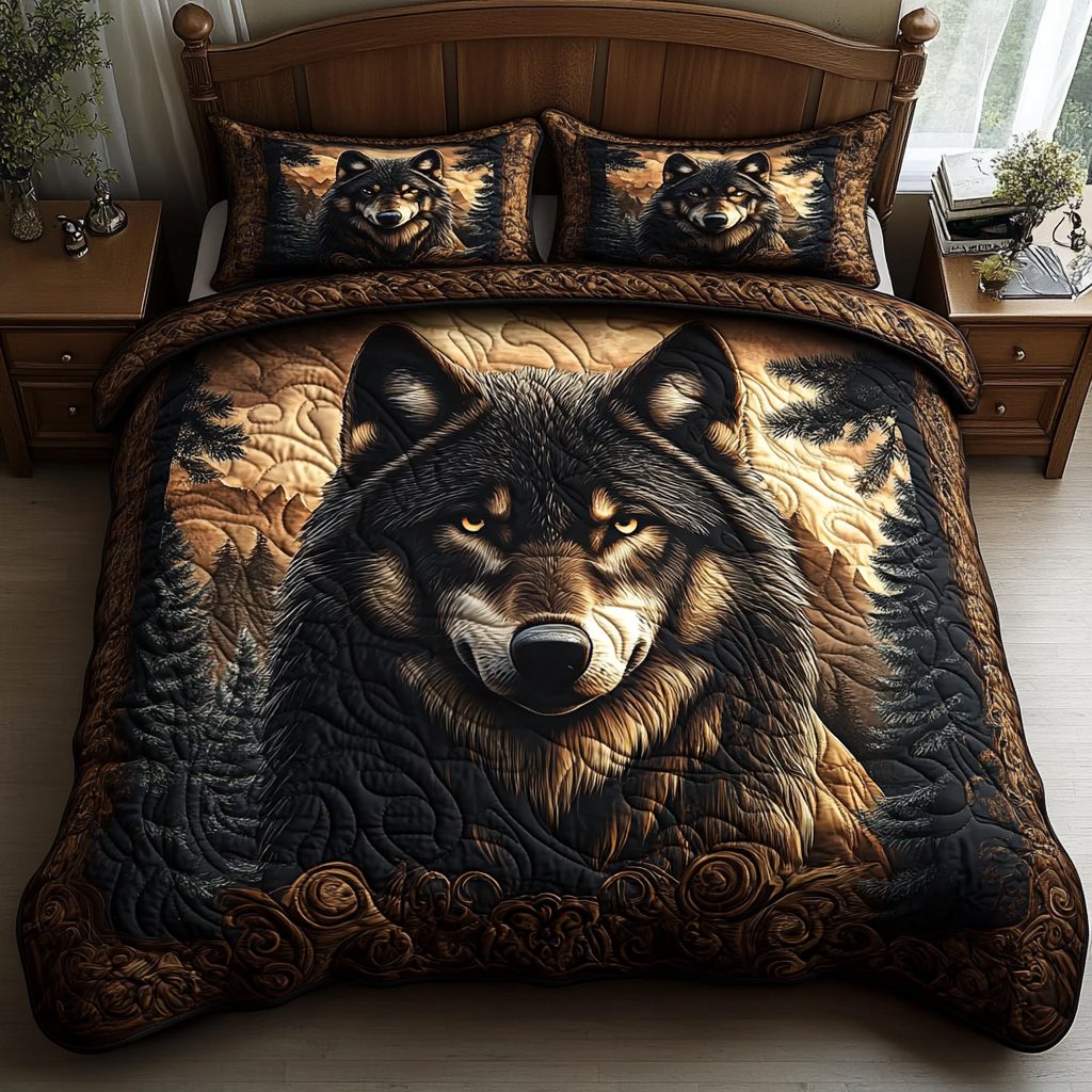 Nightfall Howl quilted 3-piece bedding set on a made bed with two matching pillow shams