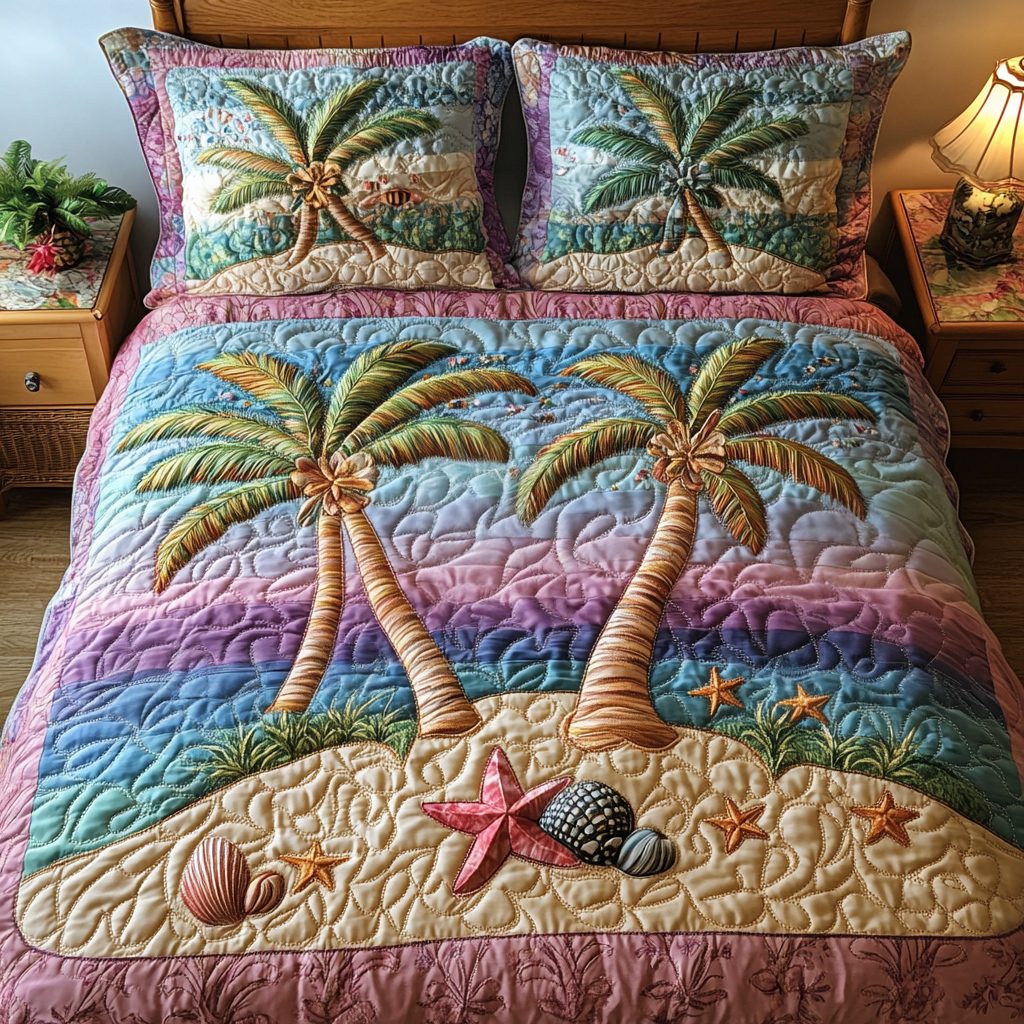 Nightfall Seascape quilted 3-piece bedding set on a made bed with two matching pillow shams