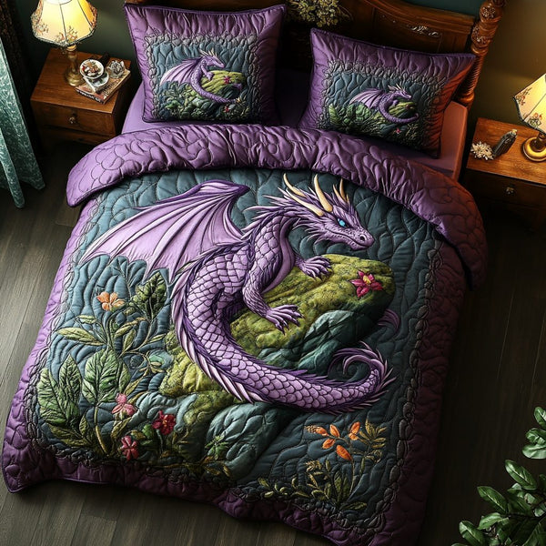 Nightshade Drakon quilted 3-piece bedding set on a made bed with two matching pillow shams