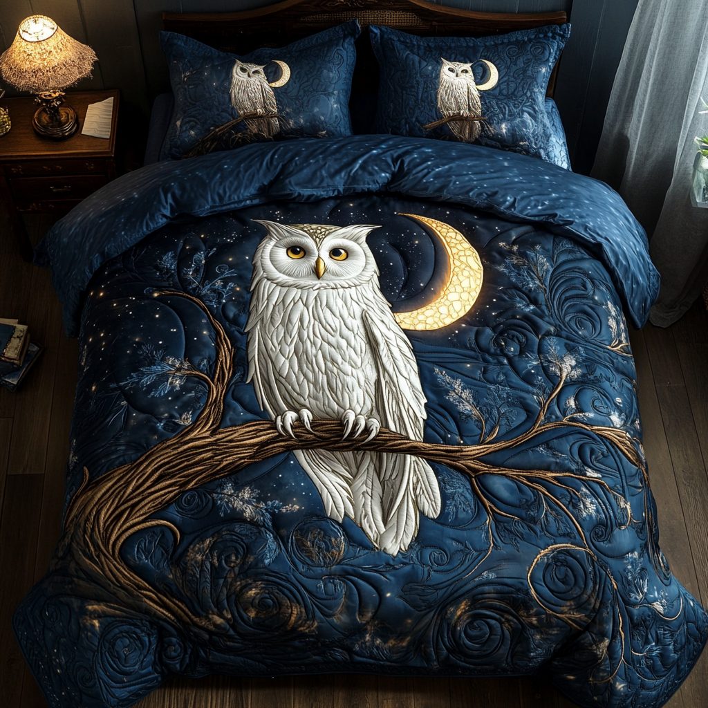 Nighttime Guardian quilted 3-piece bedding set on a made bed with two matching pillow shams