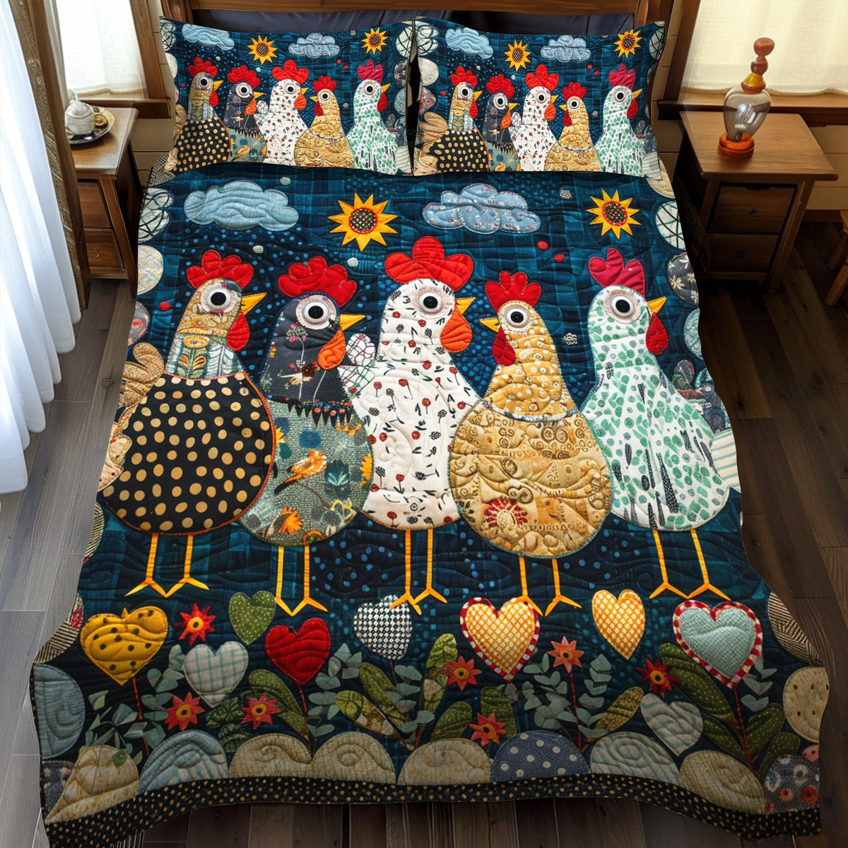 Nighttime Hens quilted 3-piece bedding set on a made bed with two matching pillow shams