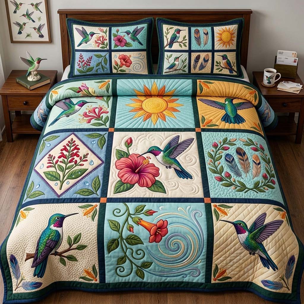 Nine Gardens Of Fligh quilted 3-piece bedding set on a made bed with two matching pillow shams