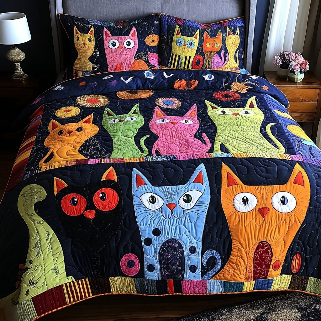 Noble Cat quilted 3-piece bedding set on a made bed with two matching pillow shams