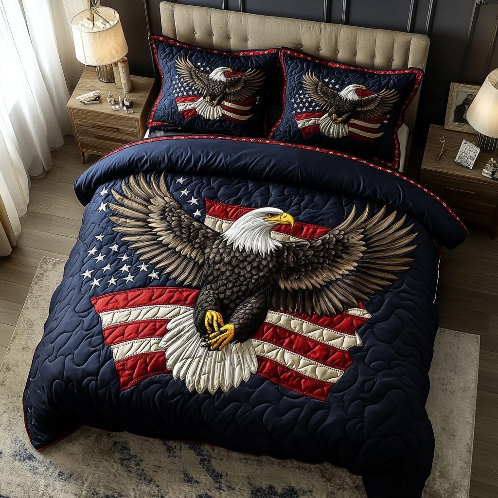 Noble Eagle quilted 3-piece bedding set on a made bed in a warmly lit bedroom