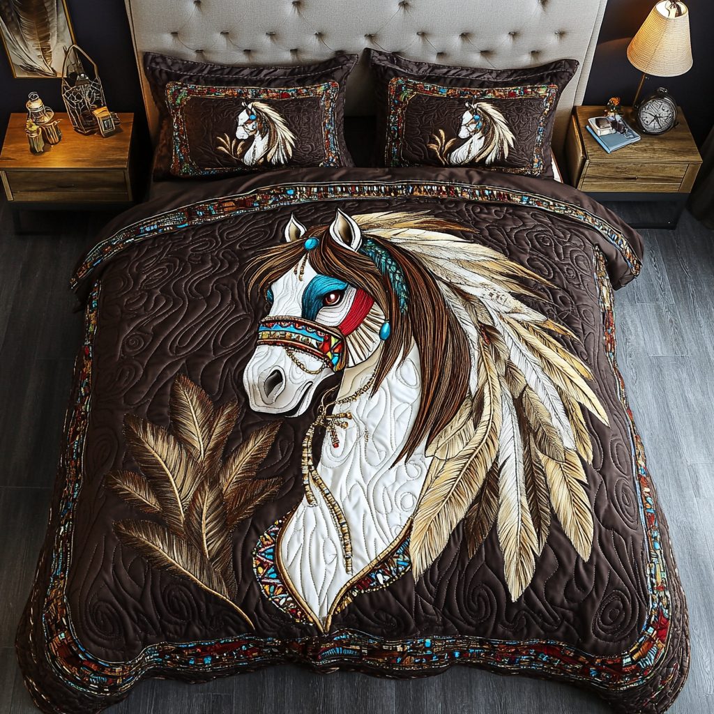 Noble Horse quilted 3-piece bedding set on a made bed in a rustic timber bedroom