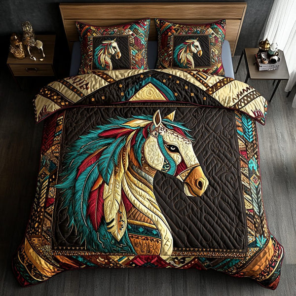 Noble Horse quilted 3-piece bedding set on a made bed in a rustic timber bedroom