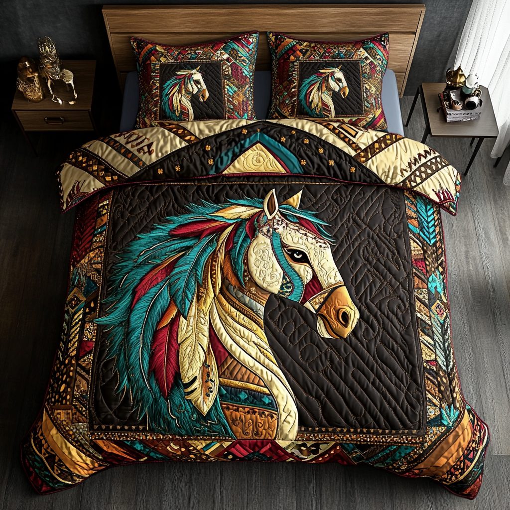 Noble Horse quilted 3-piece bedding set on a made bed in a rustic timber bedroom