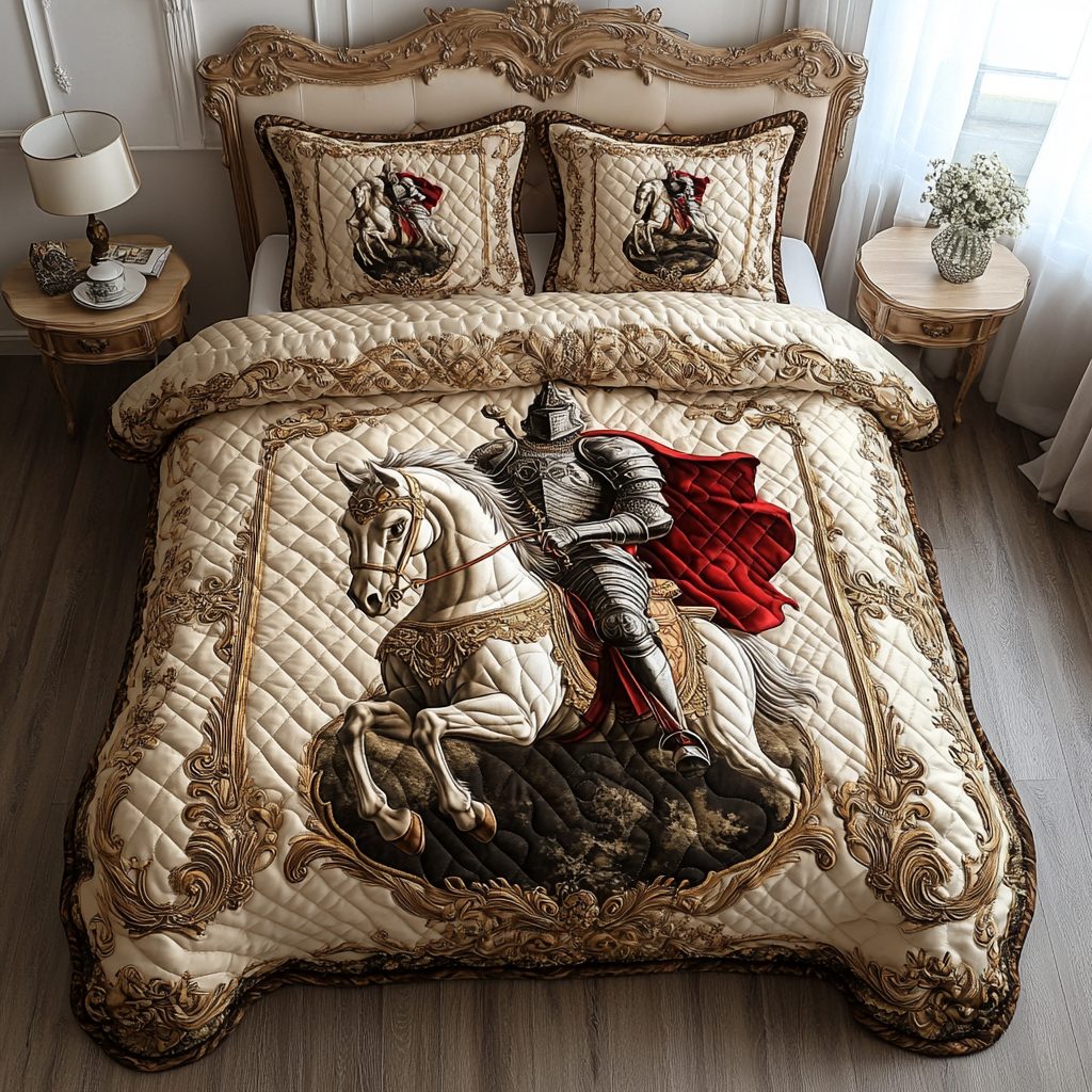 Noble Knight quilted 3-piece bedding set on a made bed with two matching pillow shams