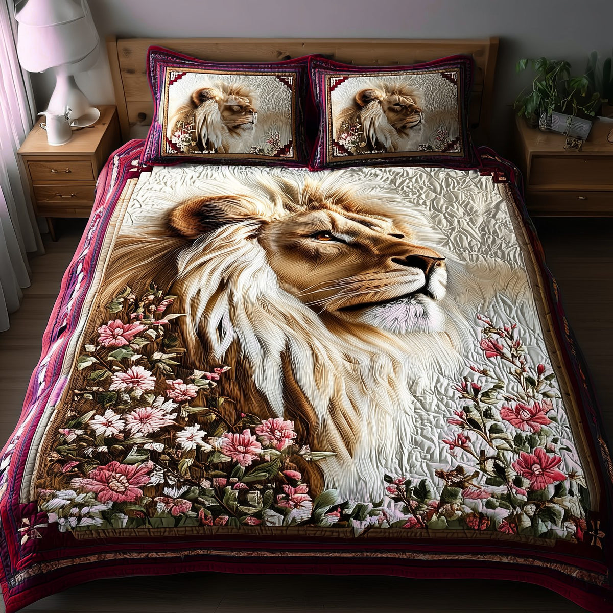 Noble Lion V2 quilted 3-piece bedding set on a made bed with two matching pillow shams