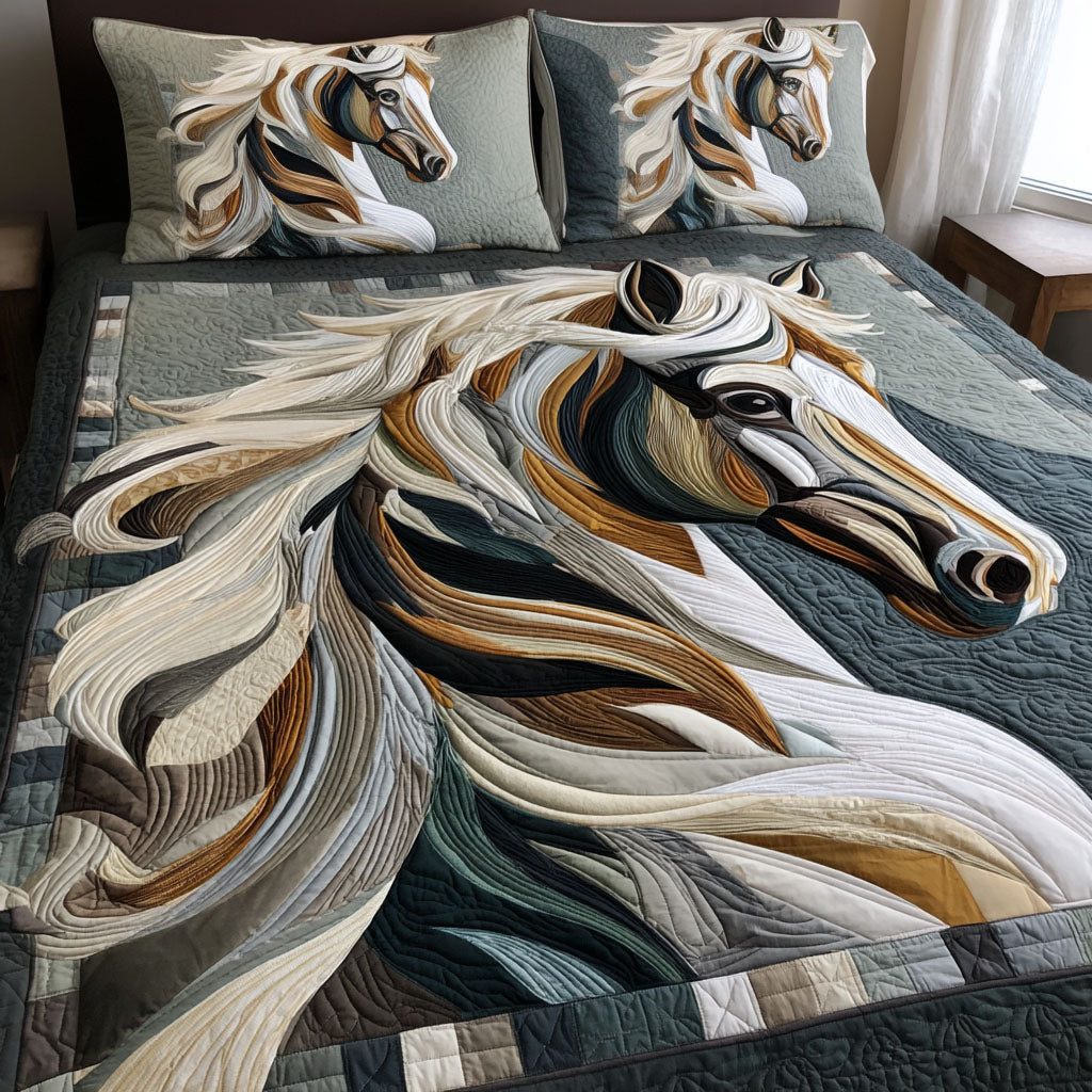 Noble Mane quilted 3-piece bedding set on a made bed with two matching pillow shams