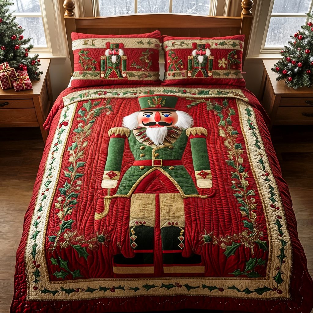 Noble Nutcracker Knight quilted 3-piece bedding set on a made bed in a winter-styled bedroom