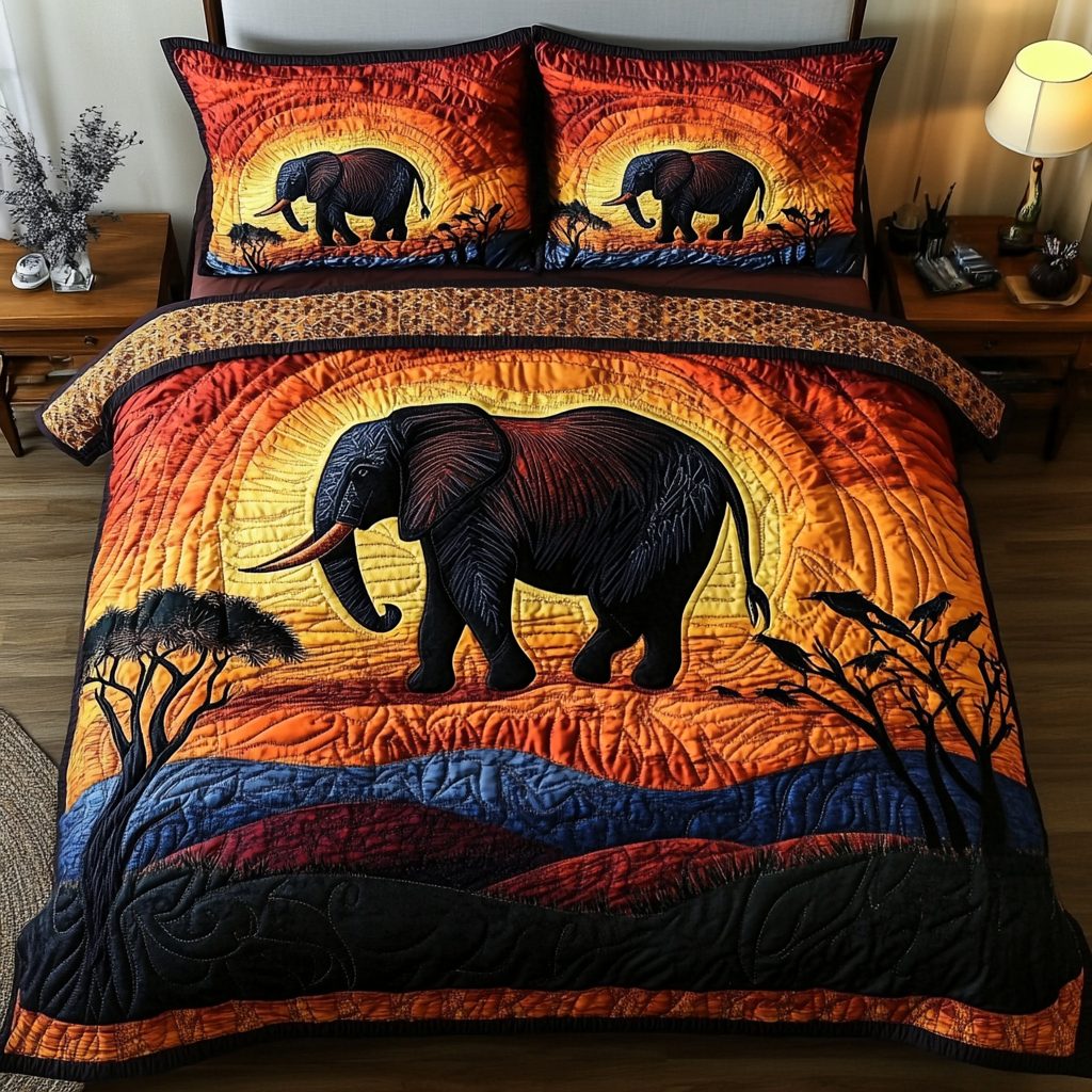 Noble Pachyderm quilted 3-piece bedding set on a made bed with two matching pillow shams