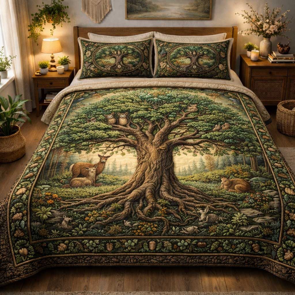 Noble Roots quilted 3-piece bedding set on a made bed with two matching pillow shams