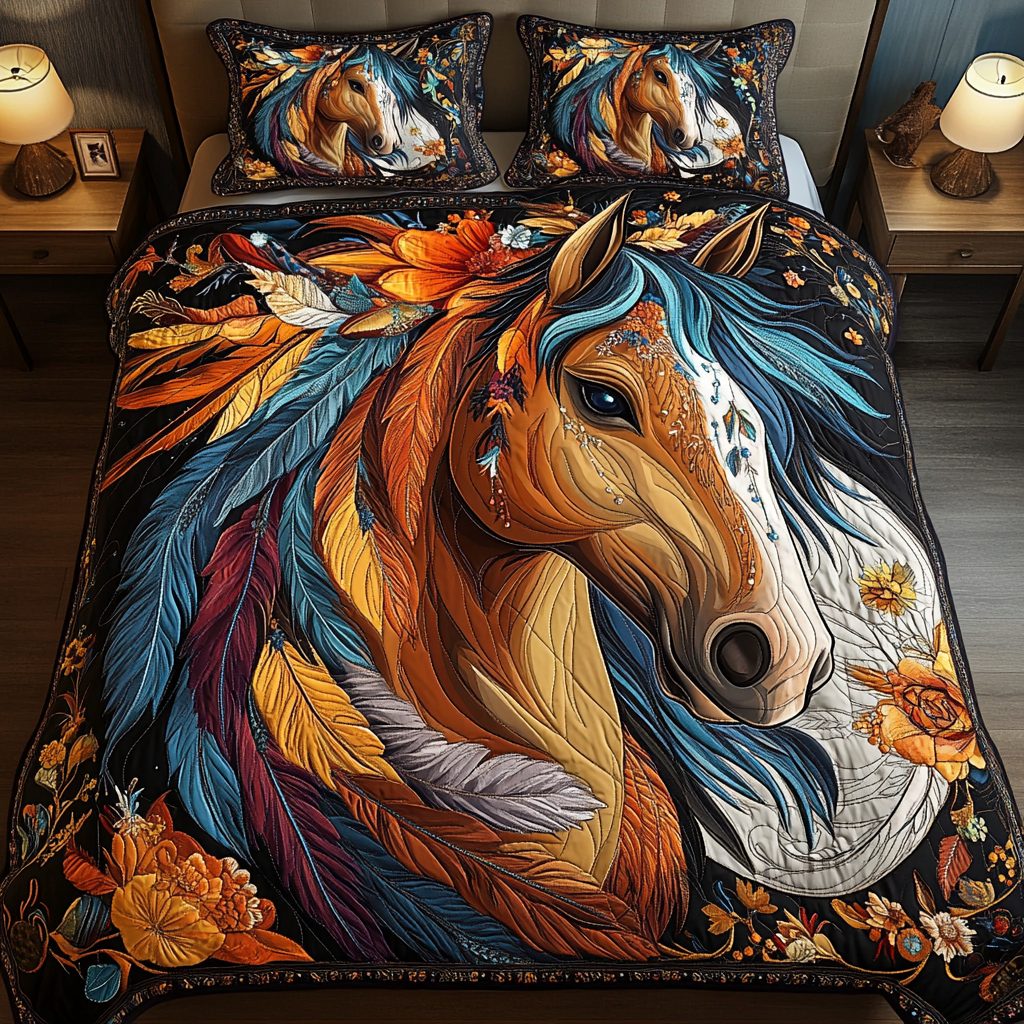 Noble Spirit quilted 3-piece bedding set on a made bed with two matching pillow shams