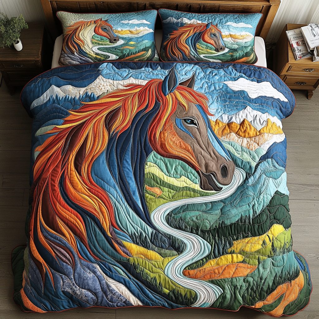 Noble Steed quilted 3-piece bedding set on a made bed with two matching pillow shams