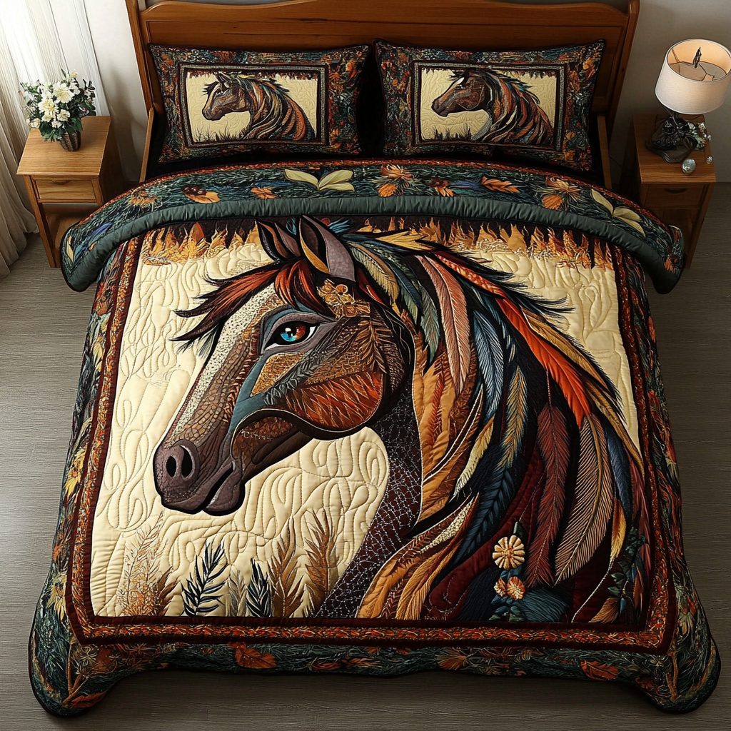 Noble Steed quilted 3-piece bedding set on a made bed with two matching pillow shams