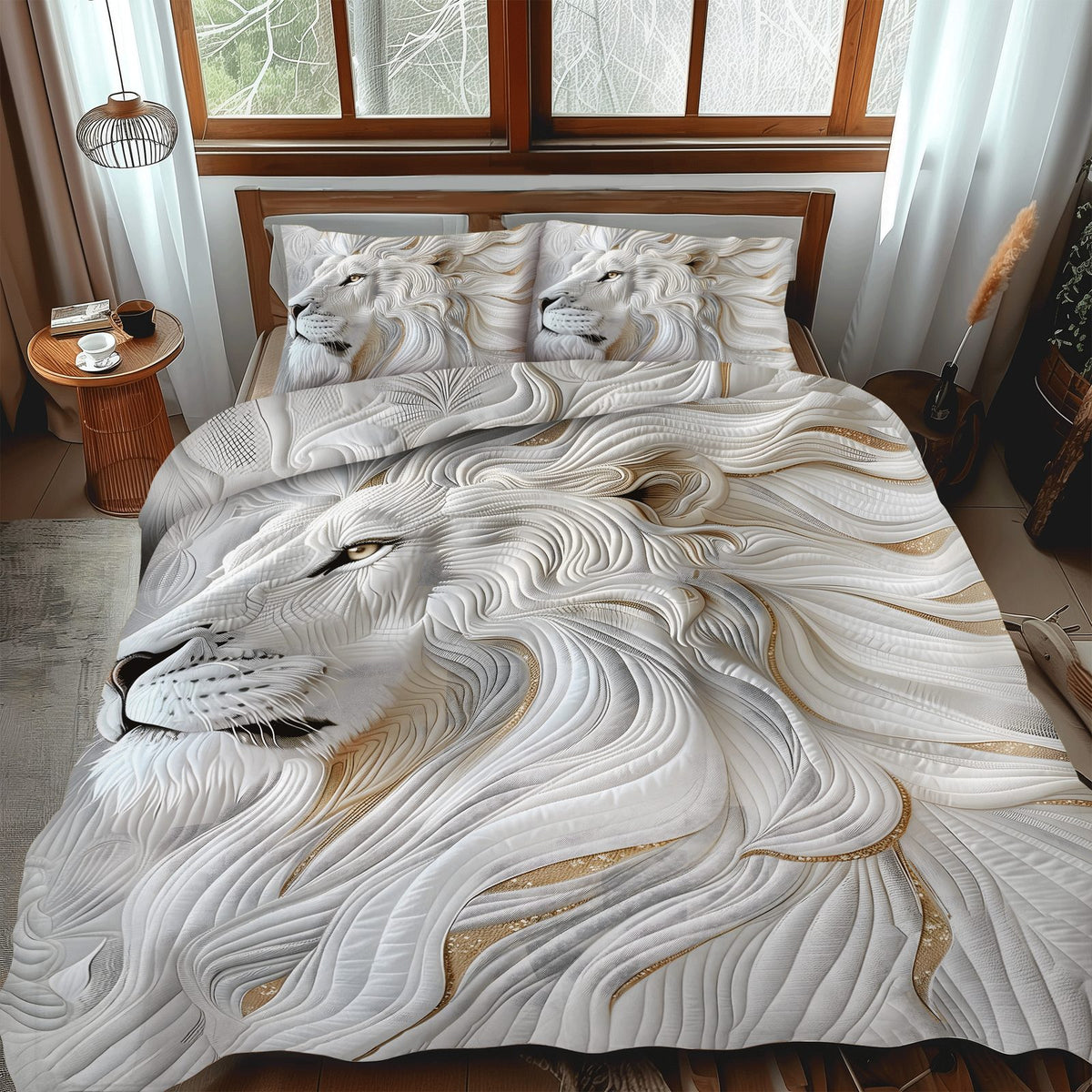 Noble Strength quilted 3-piece bedding set on a made bed with two matching pillow shams